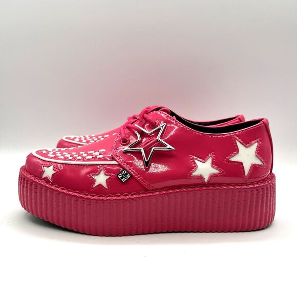 T.U.K. Pink & White Star Viva Mondo Creeper Bold Iconic Platform Vegan Sz 7 - Picture 7 of 13